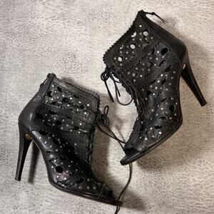 Black Lace Up Silver Stud Peep Toe Heels
